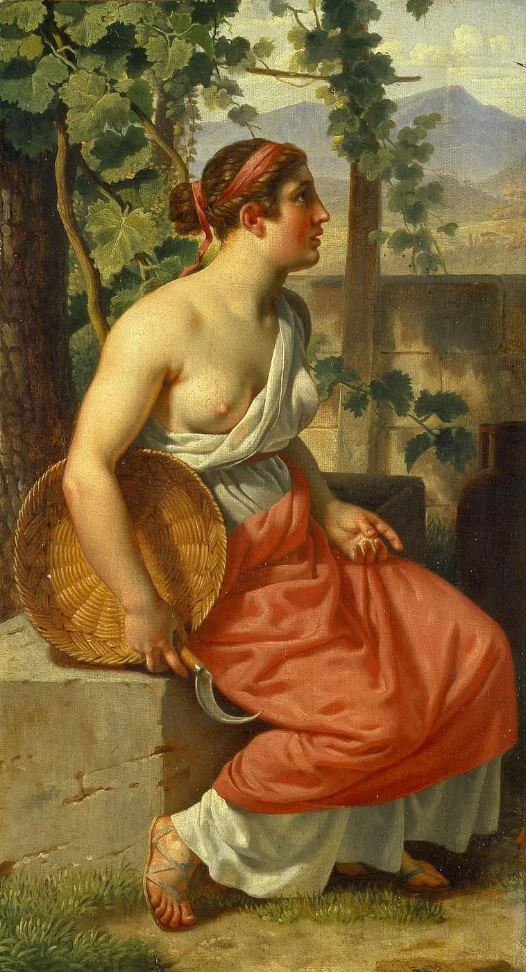 Una ragazza del raccolto in costume antico con falce e cesto - Museo Thorvaldsens, Copenaghen